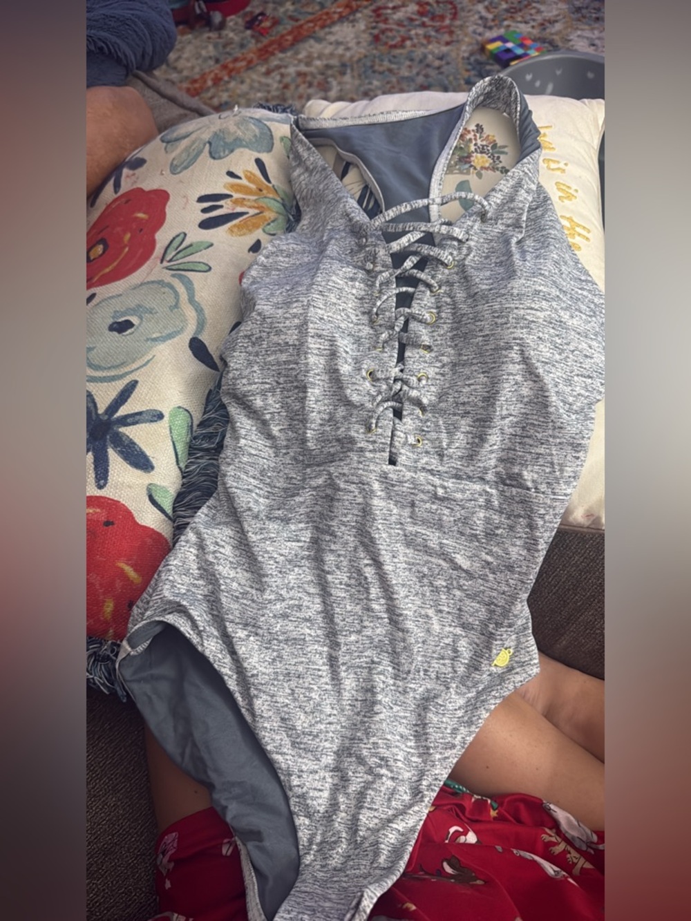 Women's Grey Lace-Up One-Piece Swimsuit